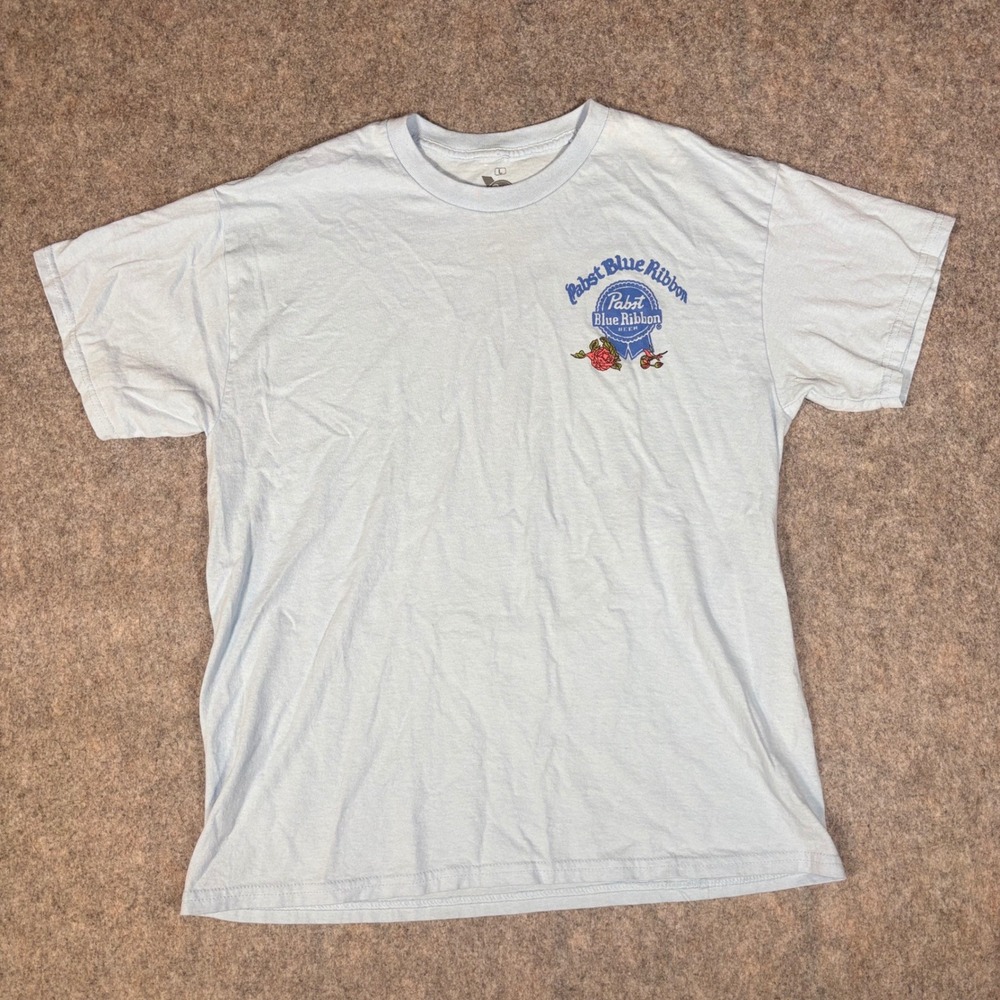 Pabst Blue Ribbon T-Shirt Mens Large Light Blue Roses Graphic Brew Tee